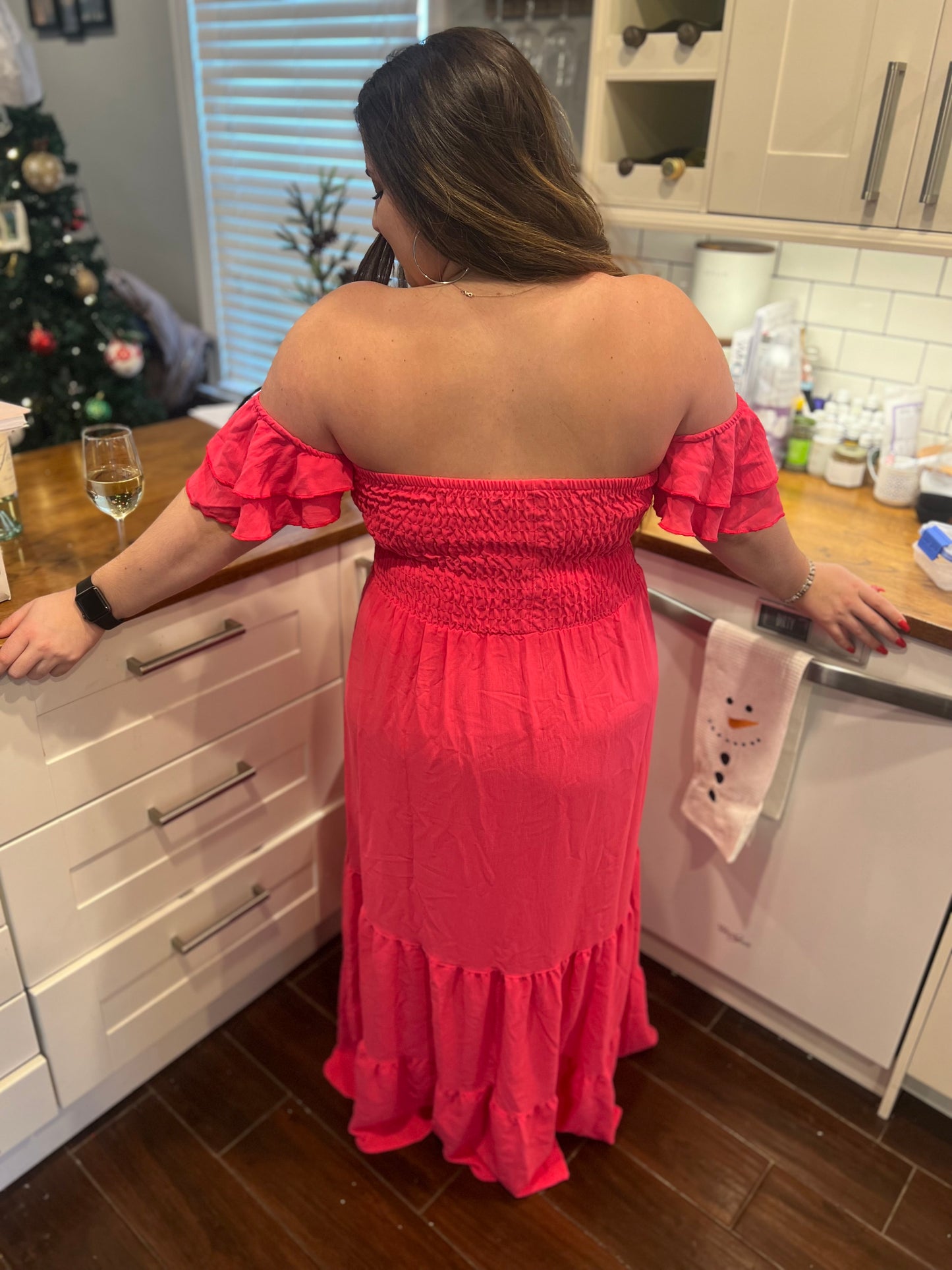 Be Mine Solid Flared Sleeve Long Tiered Dress