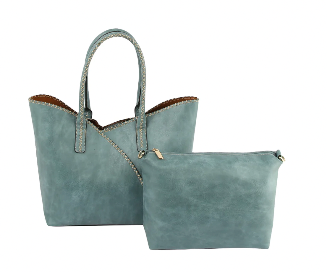 Stitch Trim Detail Shoulder/Tote Set Bag Blue