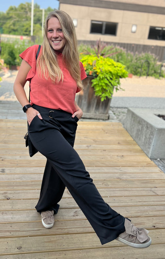 In the moment black buckle strap pants