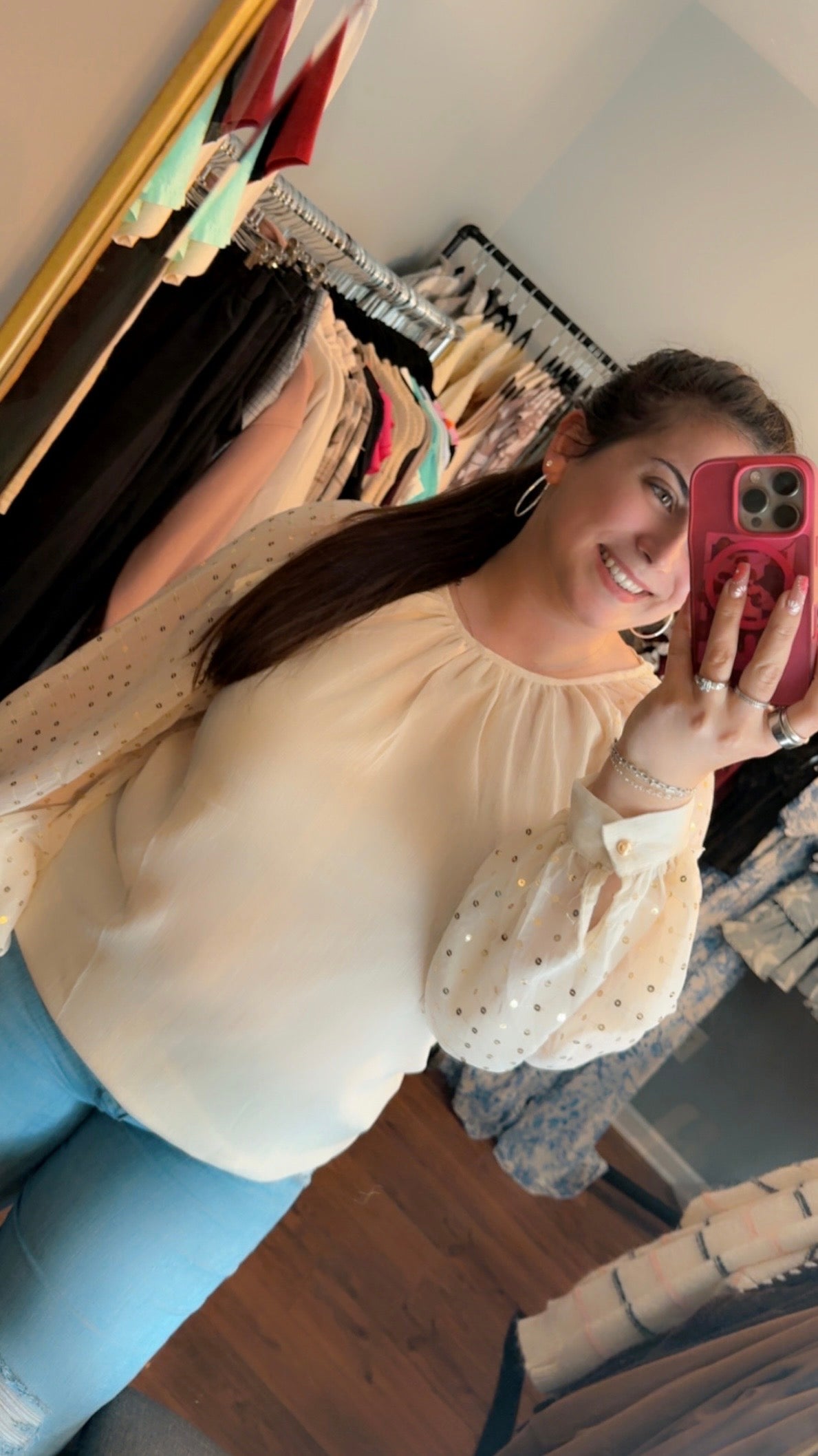 Sequin Long Balloon Sleeve Chiffon Blouse