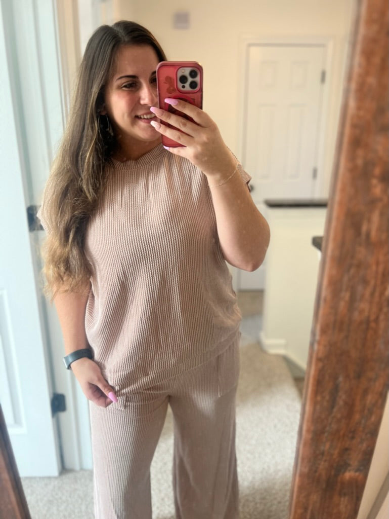 Ribbed Round Neck Top and Pants Set