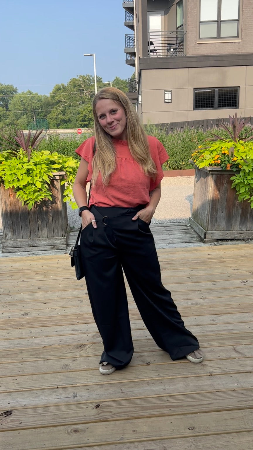 In the moment black buckle strap pants