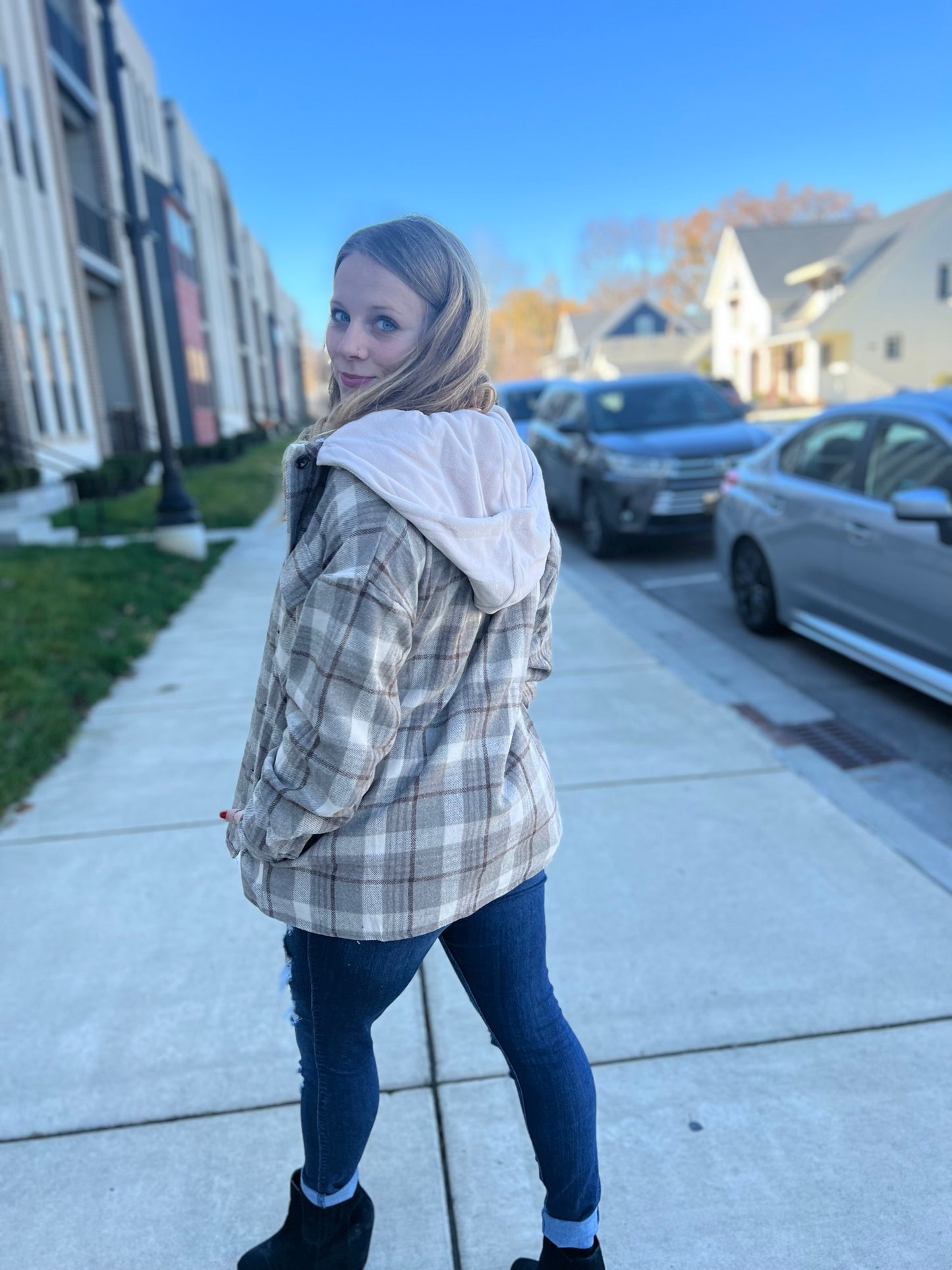 Vintage Love Plaid Shacket with Fleece hood