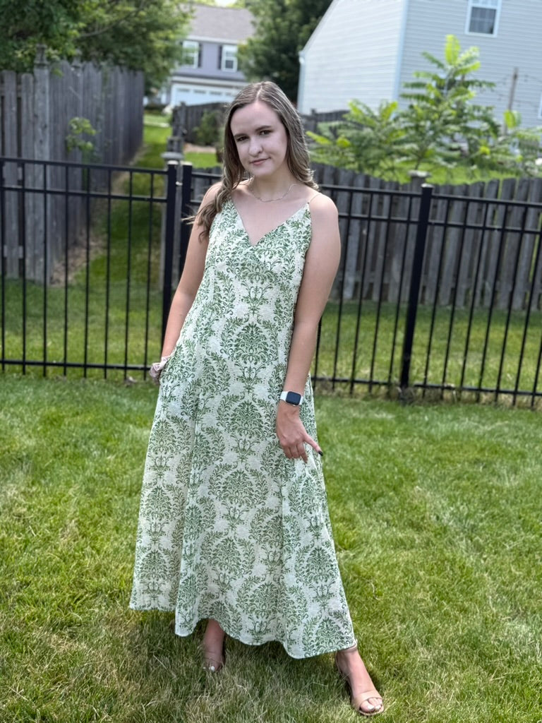 Sage Floral Open back tassel Maxi Dress