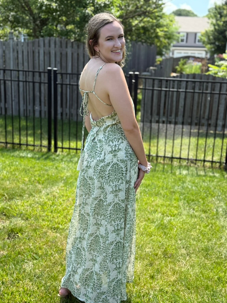 Sage Floral Open back tassel Maxi Dress