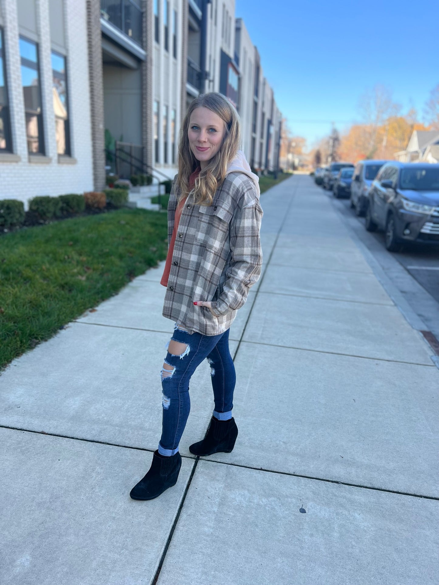 Vintage Love Plaid Shacket with Fleece hood