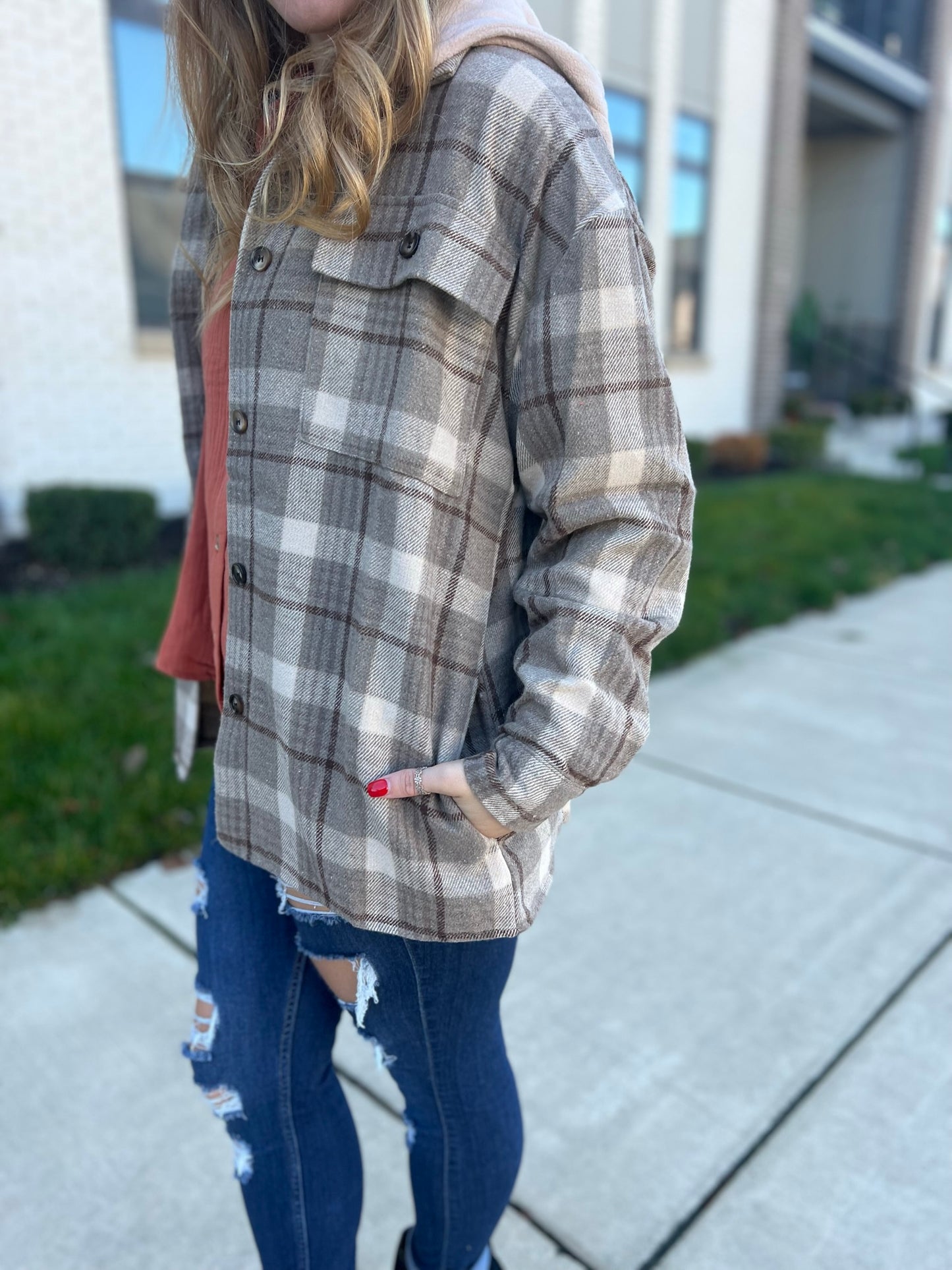 Vintage Love Plaid Shacket with Fleece hood
