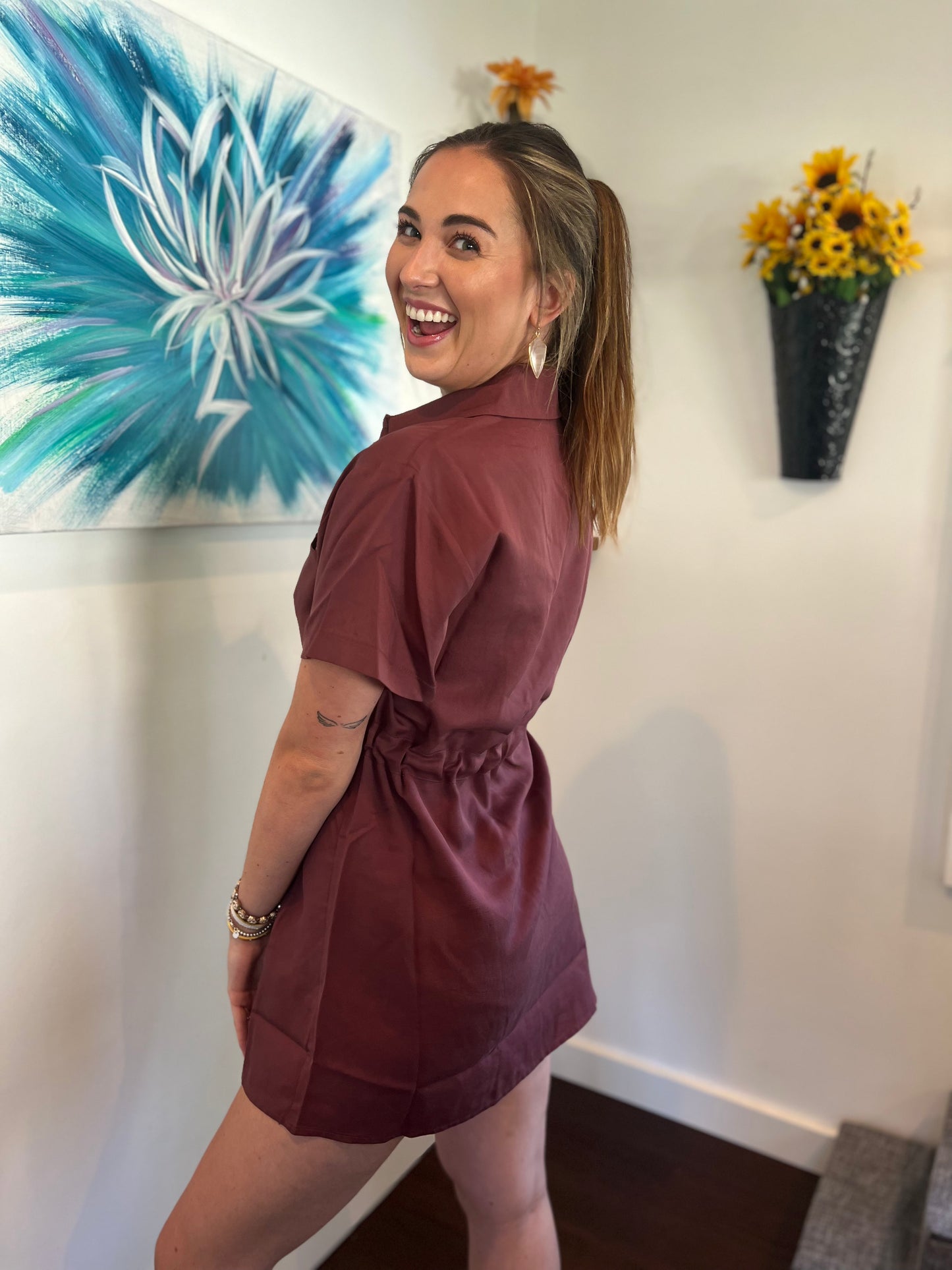 Burgundy tie waist tshirt dress