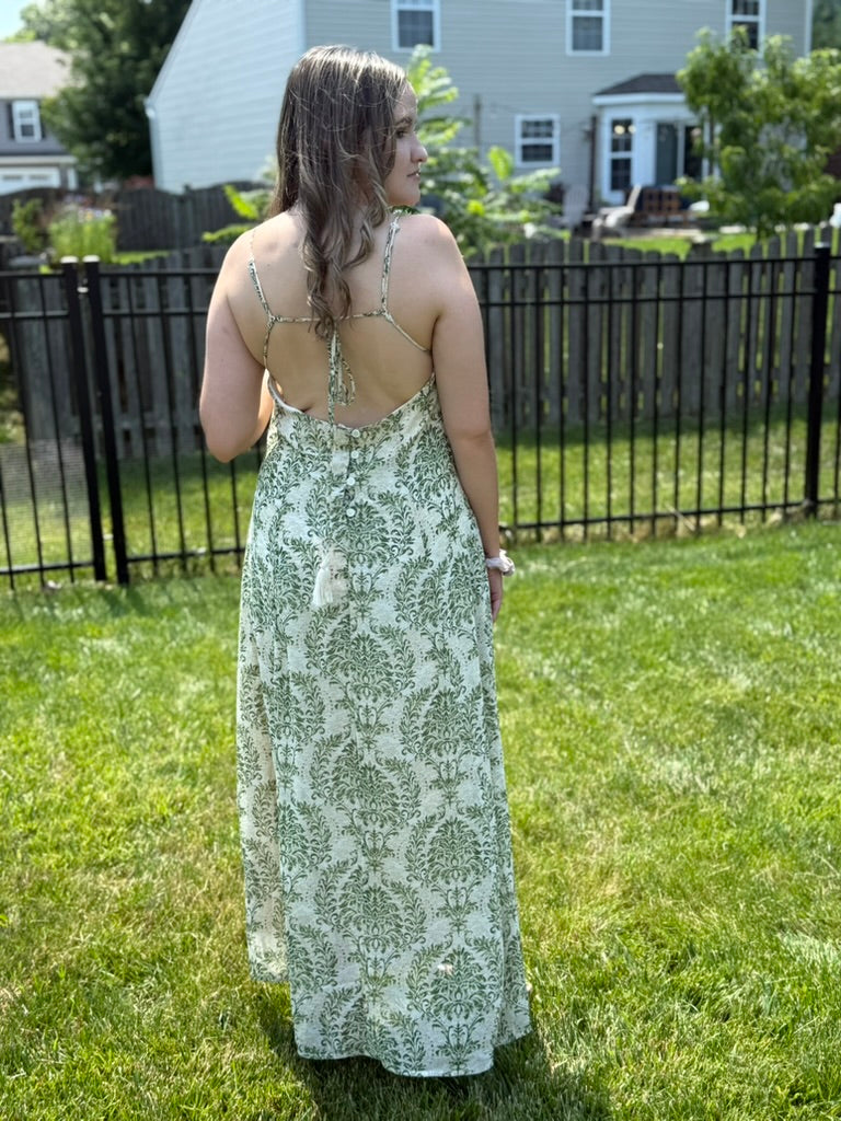 Sage Floral Open back tassel Maxi Dress