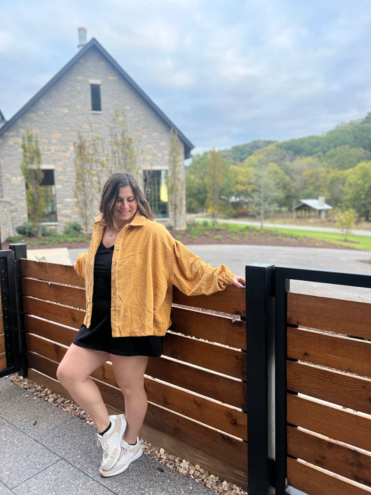 Changing the Game Puff Sleeve Shacket Mustard