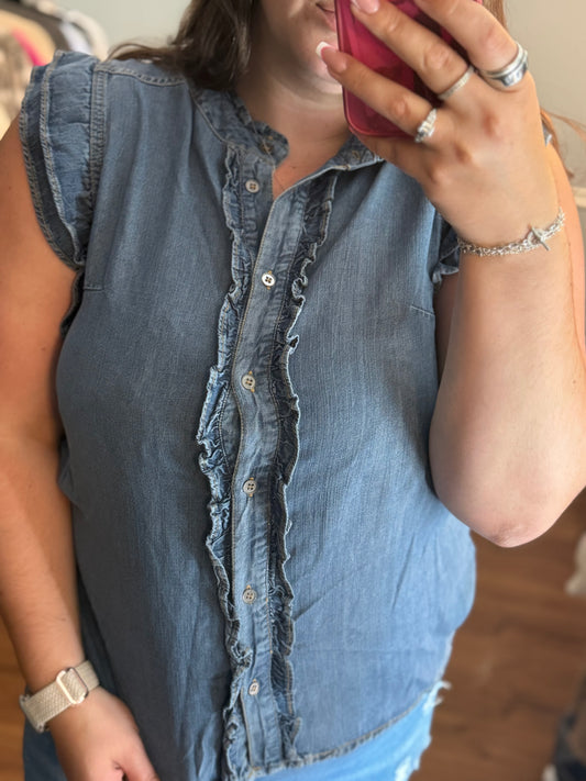 Denim ruffle blouse
