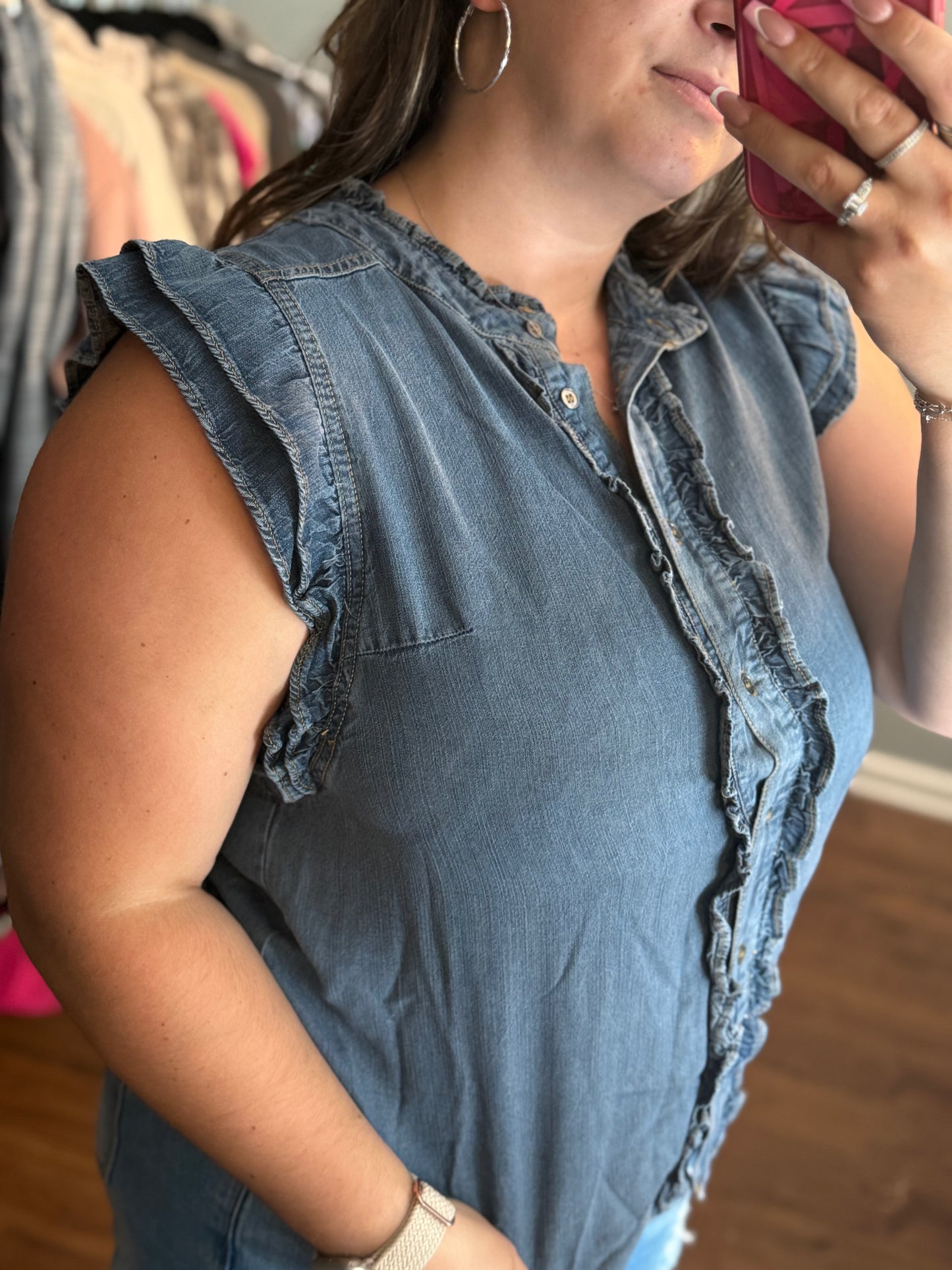 Denim ruffle blouse