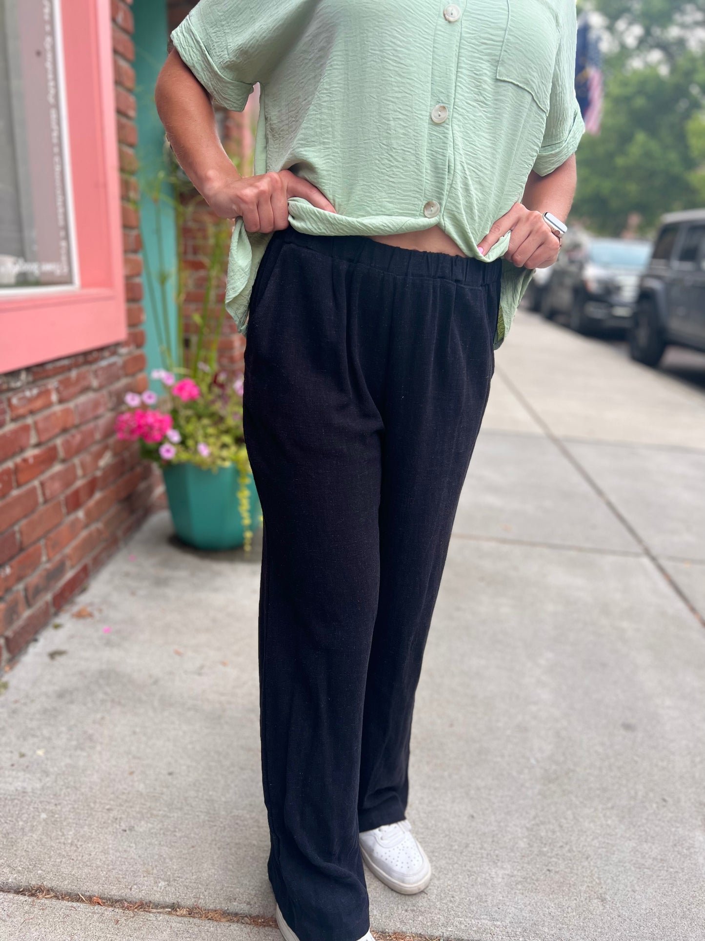 Boss babe linen elastic waistband black pants