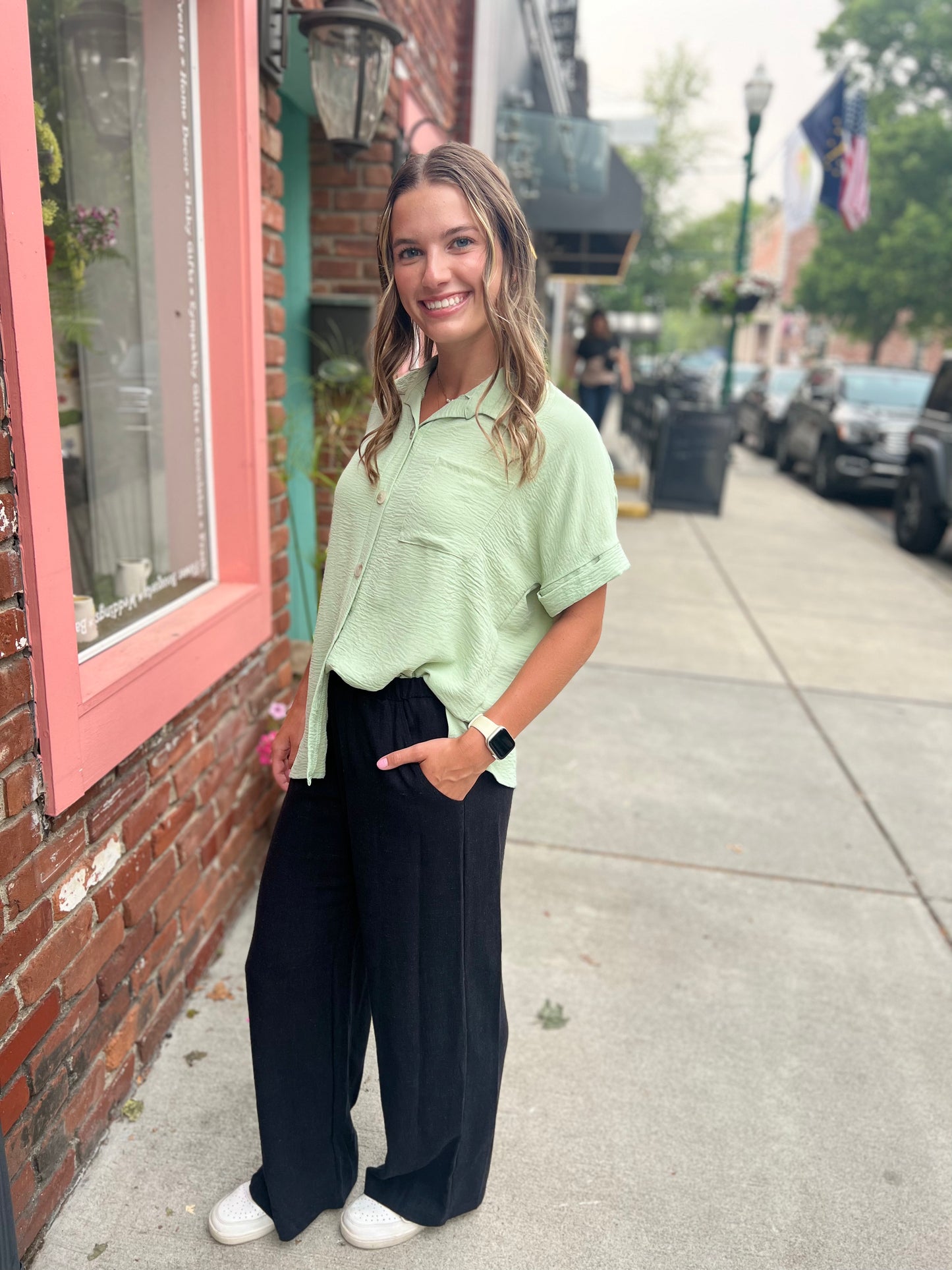 Sage air flow button down blouse