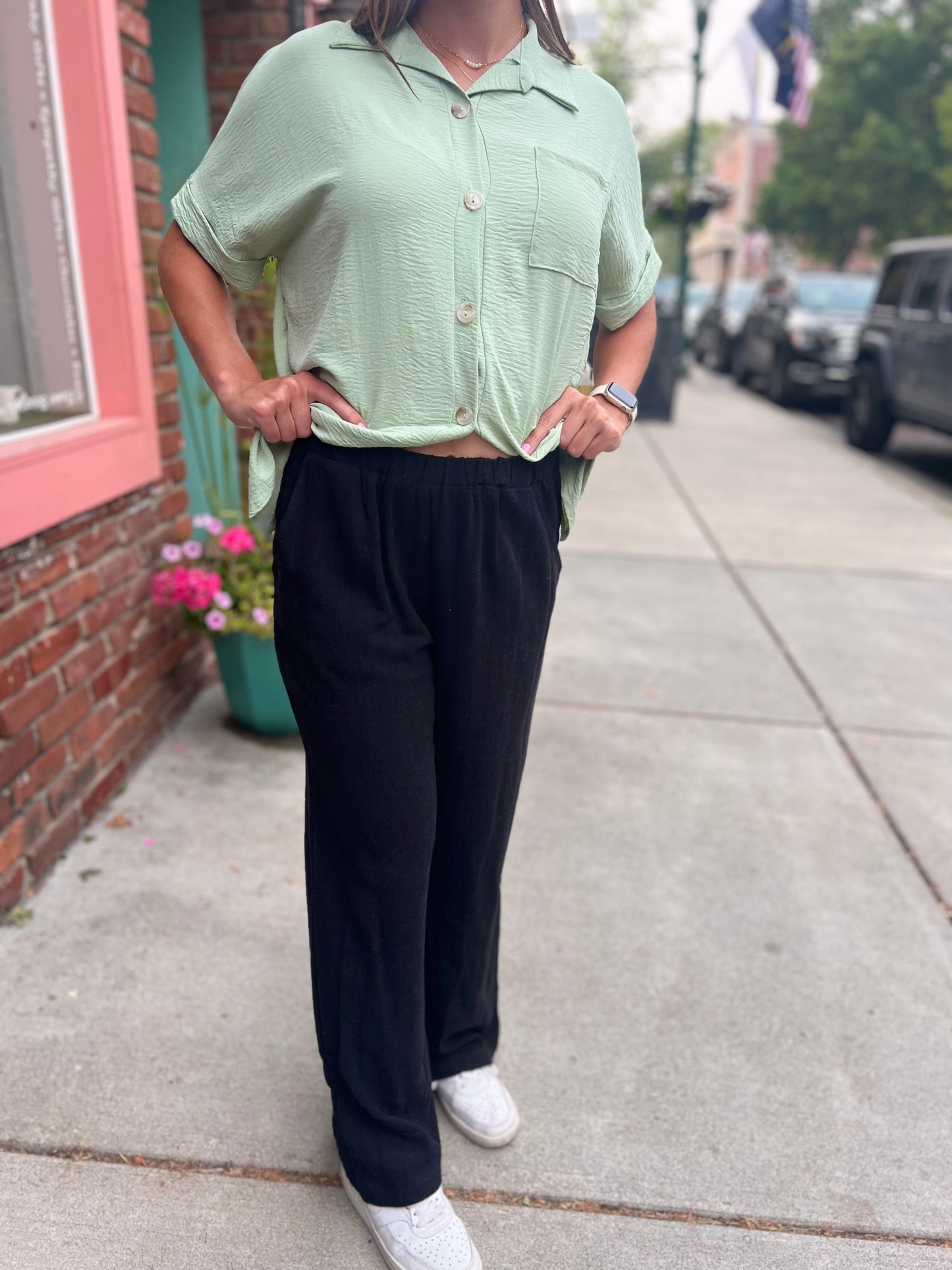 Boss babe linen elastic waistband black pants